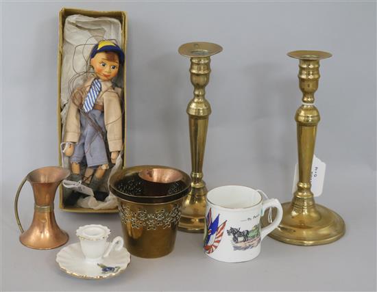 A pair of 18th century brass candlesticks and sundries, including an Aynsley 1919 Peace mug and a Picot puppet